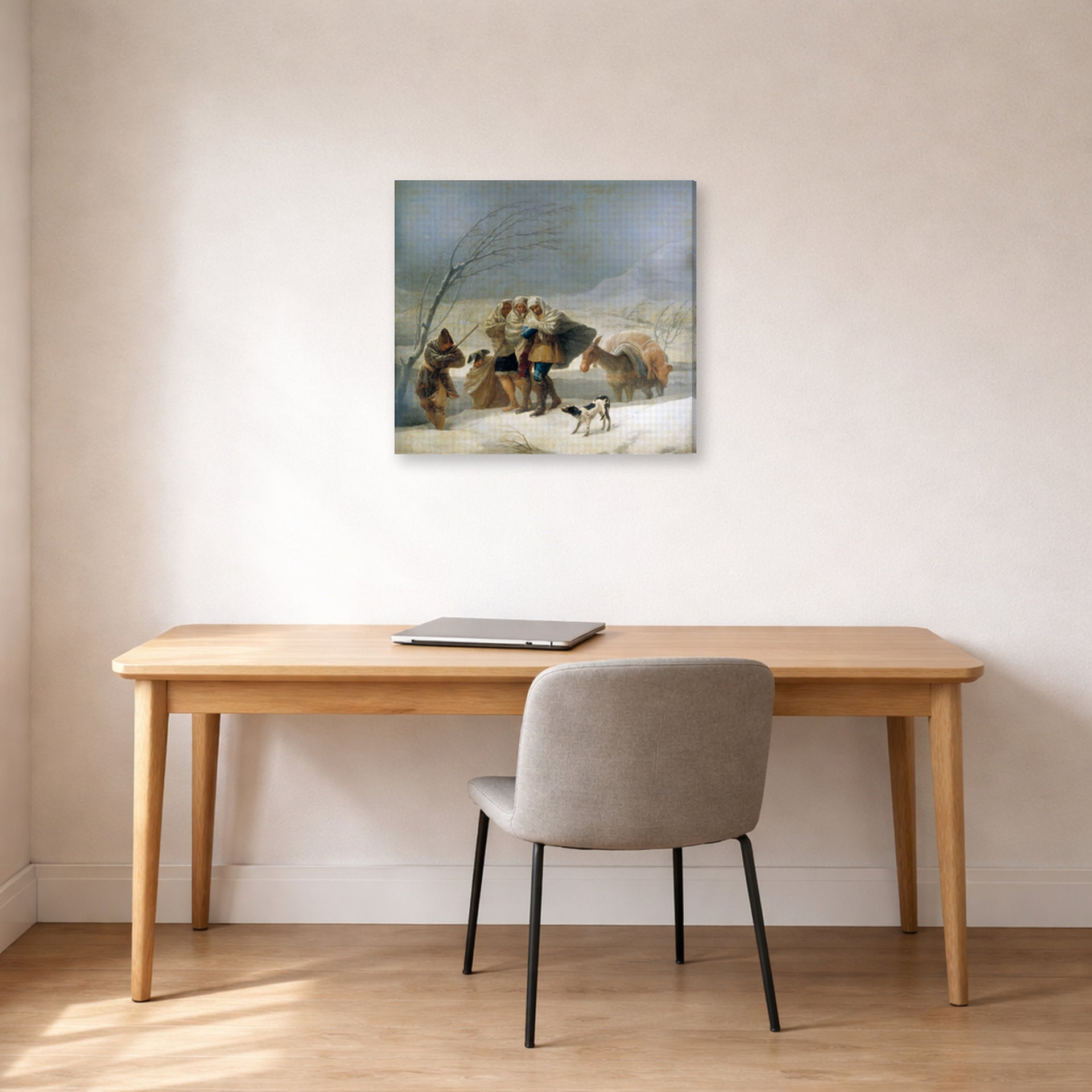 Gallery-wrapped canvas print of Francisco Goya's The Snowstorm (Winter) displayed on a wall in a office