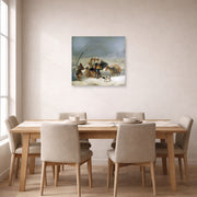Unframed poster print of Francisco Goya's The Snowstorm (Winter) displayed on a wall in a dining room