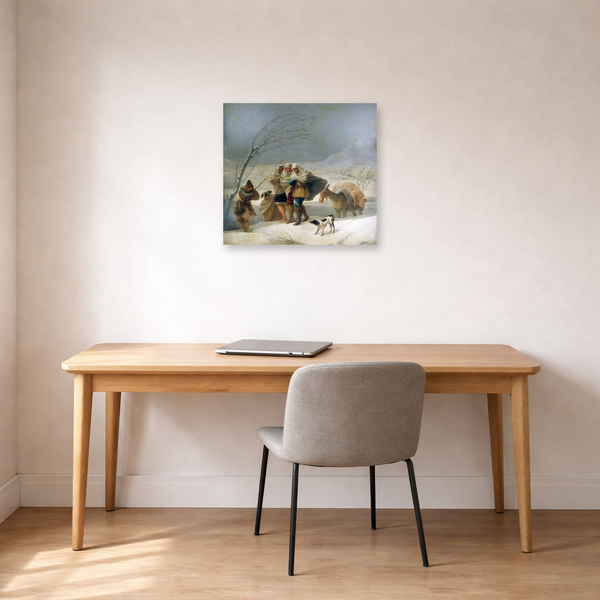 Unframed poster print of Francisco Goya's The Snowstorm (Winter) displayed on a wall in a office