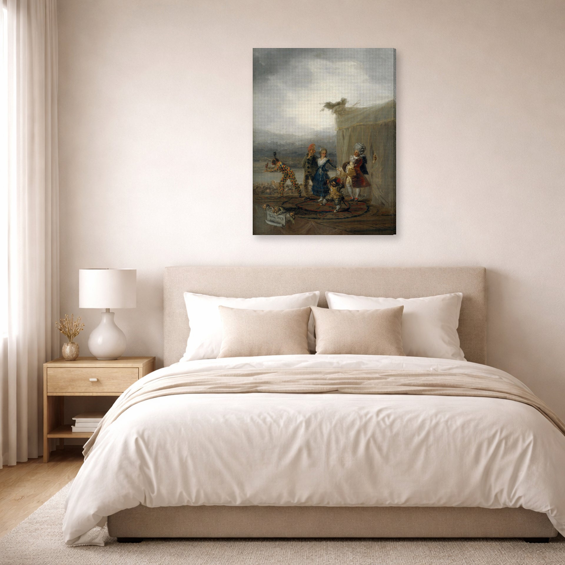 Gallery-wrapped canvas print of Francisco Goya's The Strolling Players displayed on a wall in a bedroom