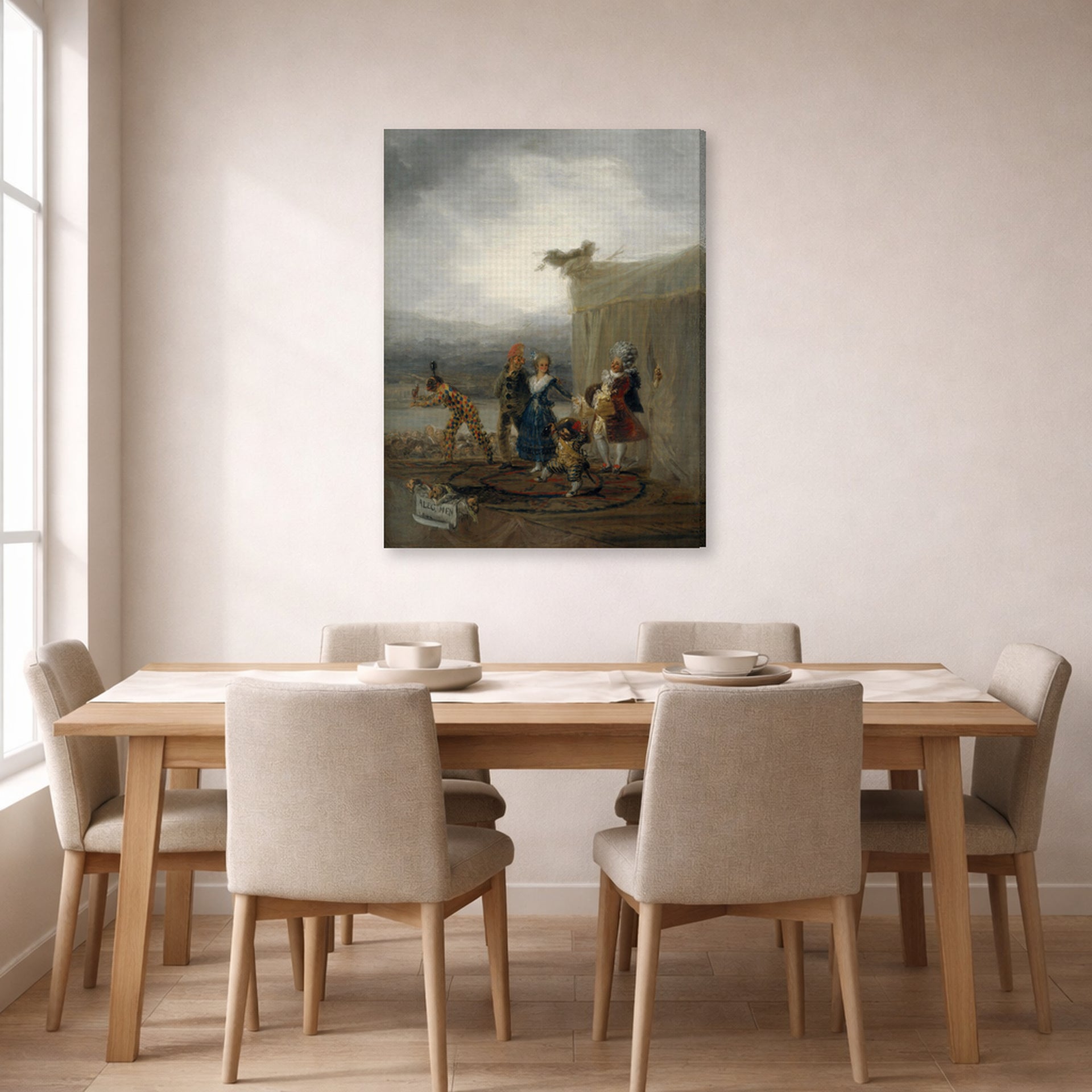 Gallery-wrapped canvas print of Francisco Goya's The Strolling Players displayed on a wall in a dining room