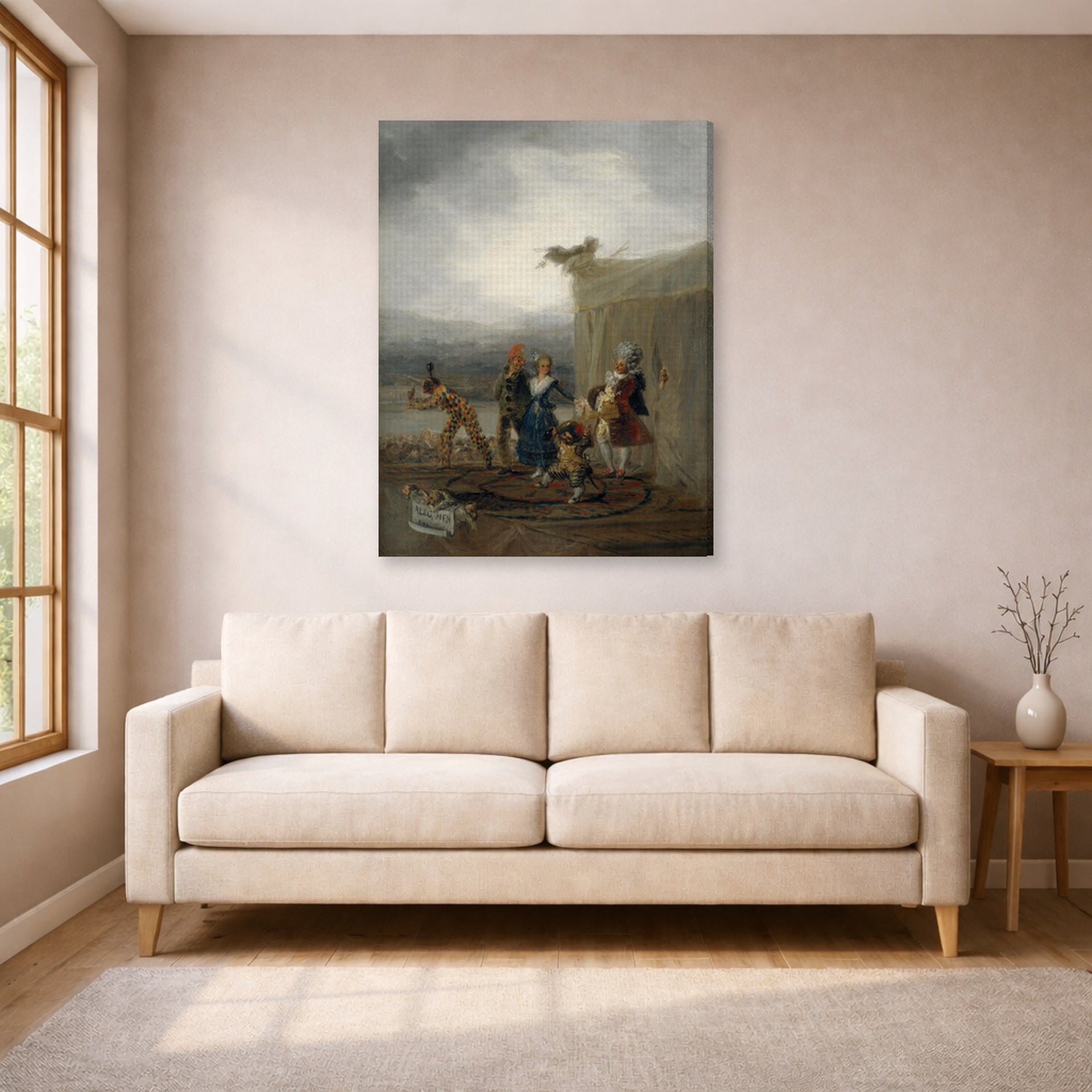 Gallery-wrapped canvas print of Francisco Goya's The Strolling Players displayed on a wall in a living room