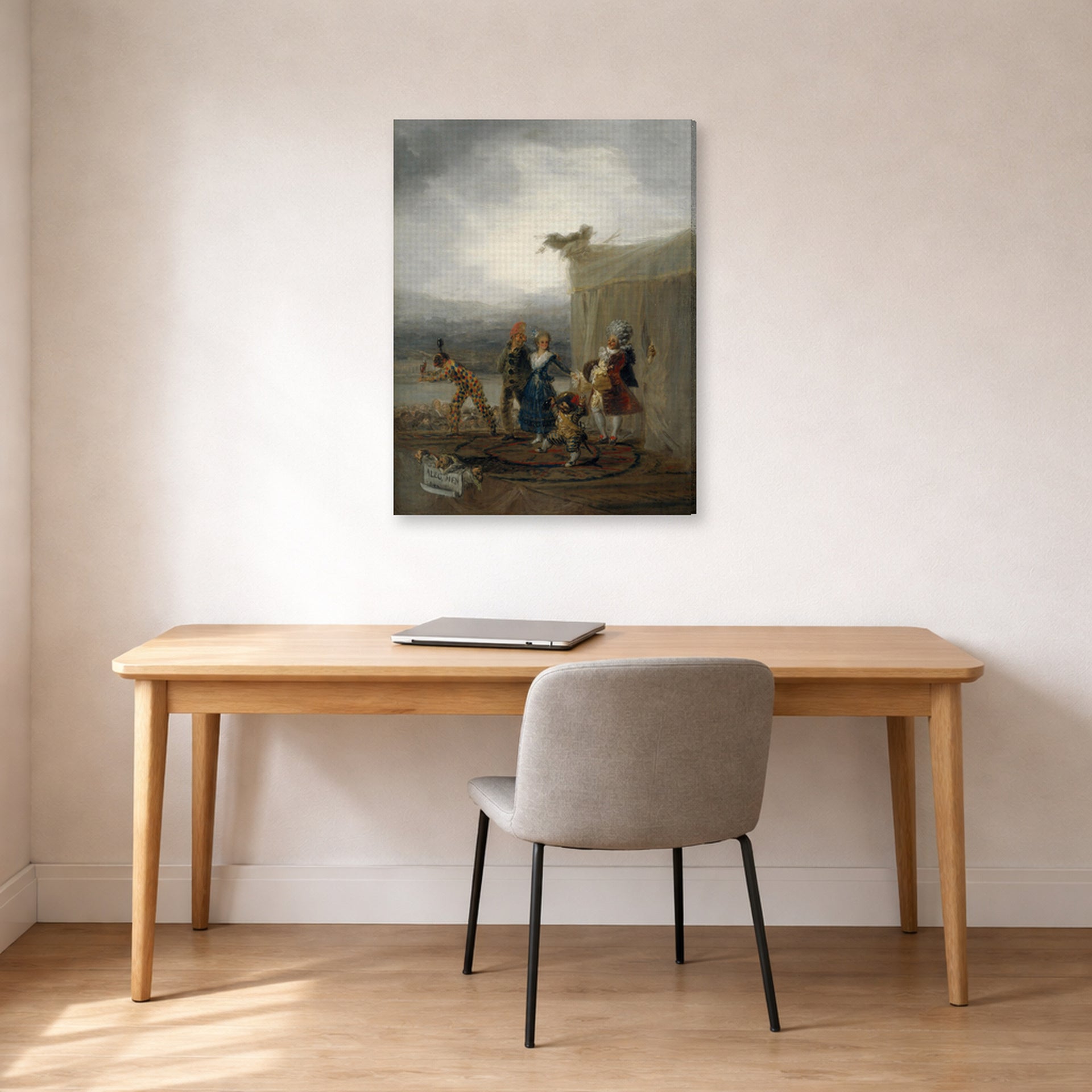 Gallery-wrapped canvas print of Francisco Goya's The Strolling Players displayed on a wall in a office
