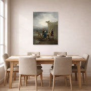 Unframed poster print of Francisco Goya's The Strolling Players displayed on a wall in a dining room