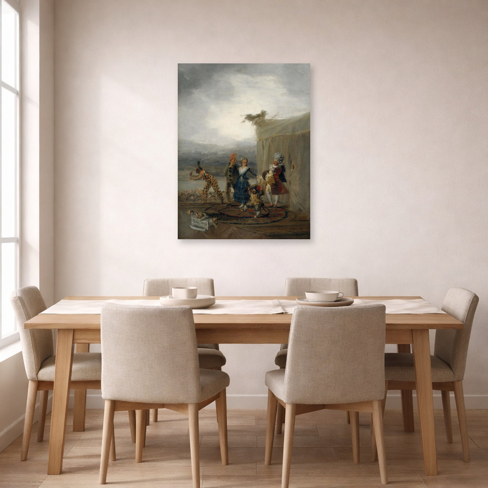 Unframed poster print of Francisco Goya's The Strolling Players displayed on a wall in a dining room