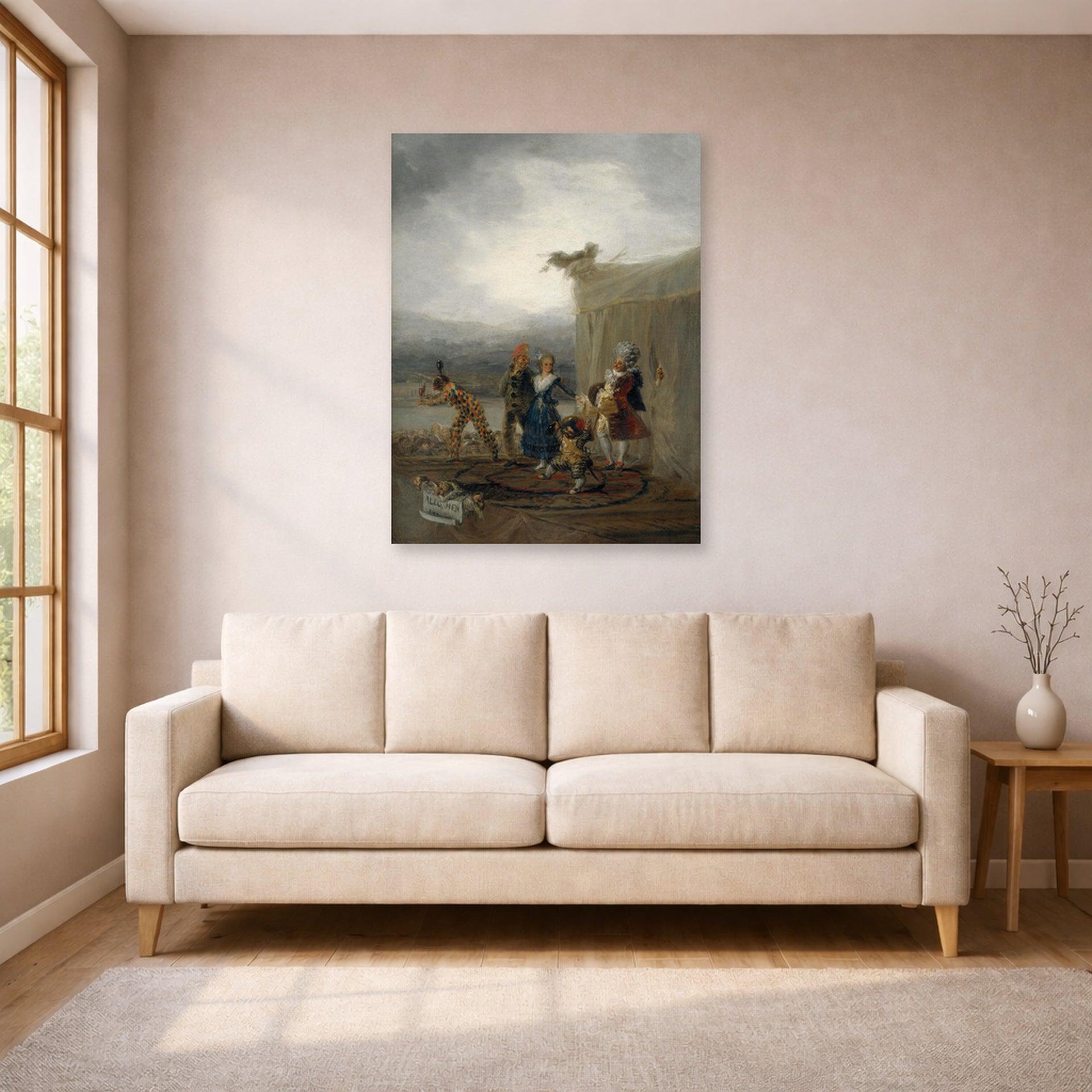 Unframed poster print of Francisco Goya's The Strolling Players displayed on a wall in a living room