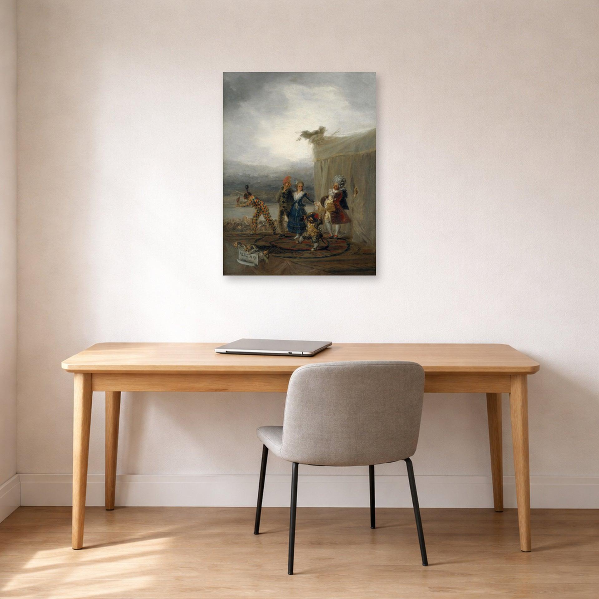 Unframed poster print of Francisco Goya's The Strolling Players displayed on a wall in a office