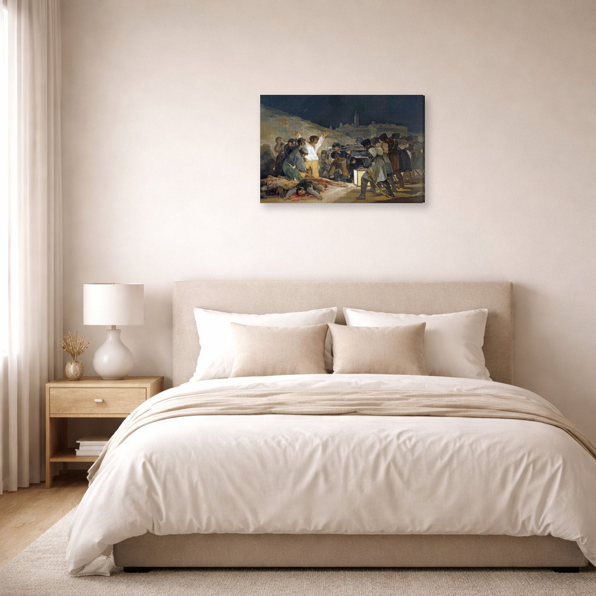 Gallery-wrapped canvas print of Francisco Goya's The Third of May 1808, El tres de mayo de 1808 en Madrid displayed on a wall in a bedroom