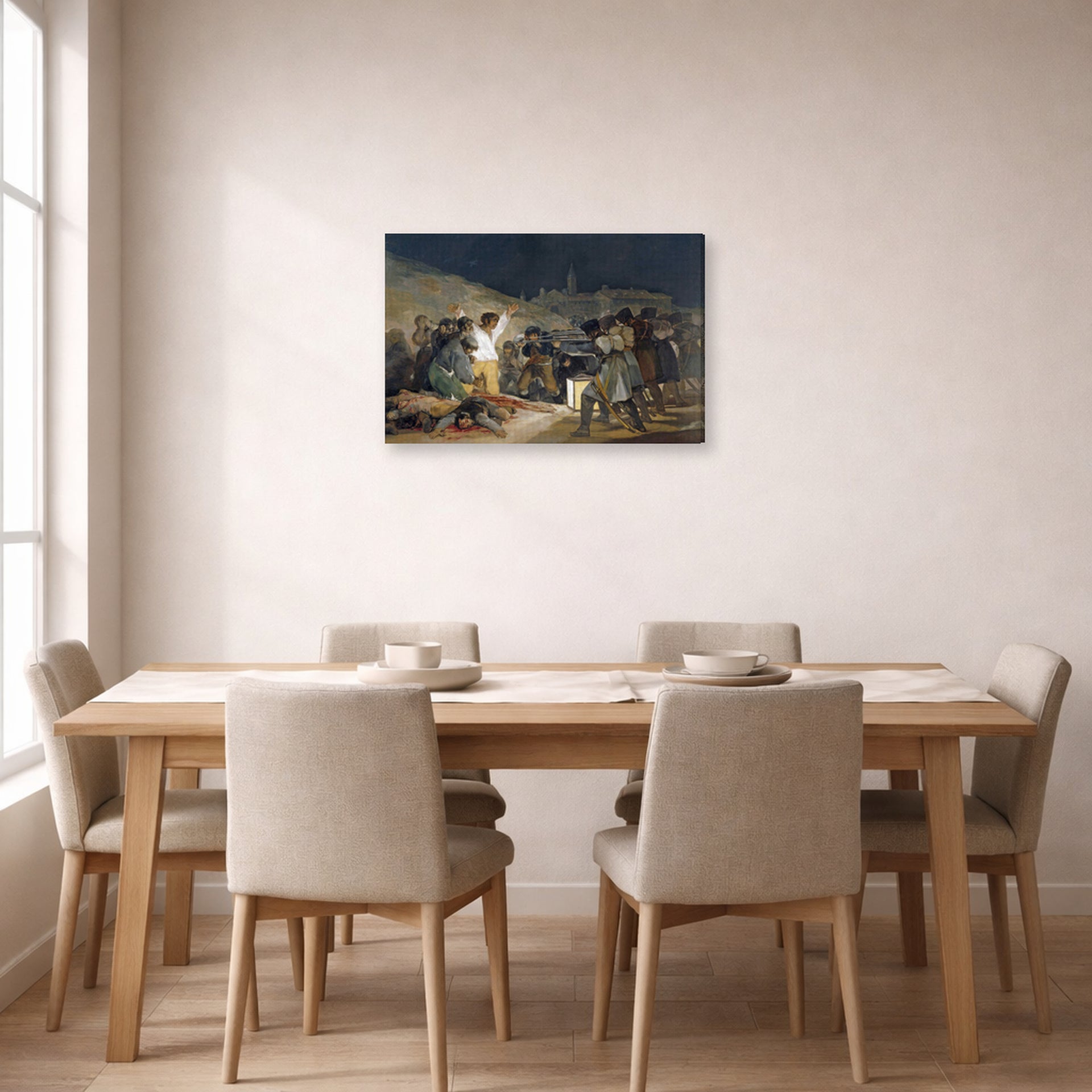 Gallery-wrapped canvas print of Francisco Goya's The Third of May 1808, El tres de mayo de 1808 en Madrid displayed on a wall in a dining room