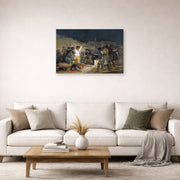 Gallery-wrapped canvas print of Francisco Goya's The Third of May 1808, El tres de mayo de 1808 en Madrid displayed on a wall in a second living room setting