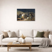 Unframed poster print of Francisco Goya's The Third of May 1808, El tres de mayo de 1808 en Madrid displayed on a wall in a second living room setting