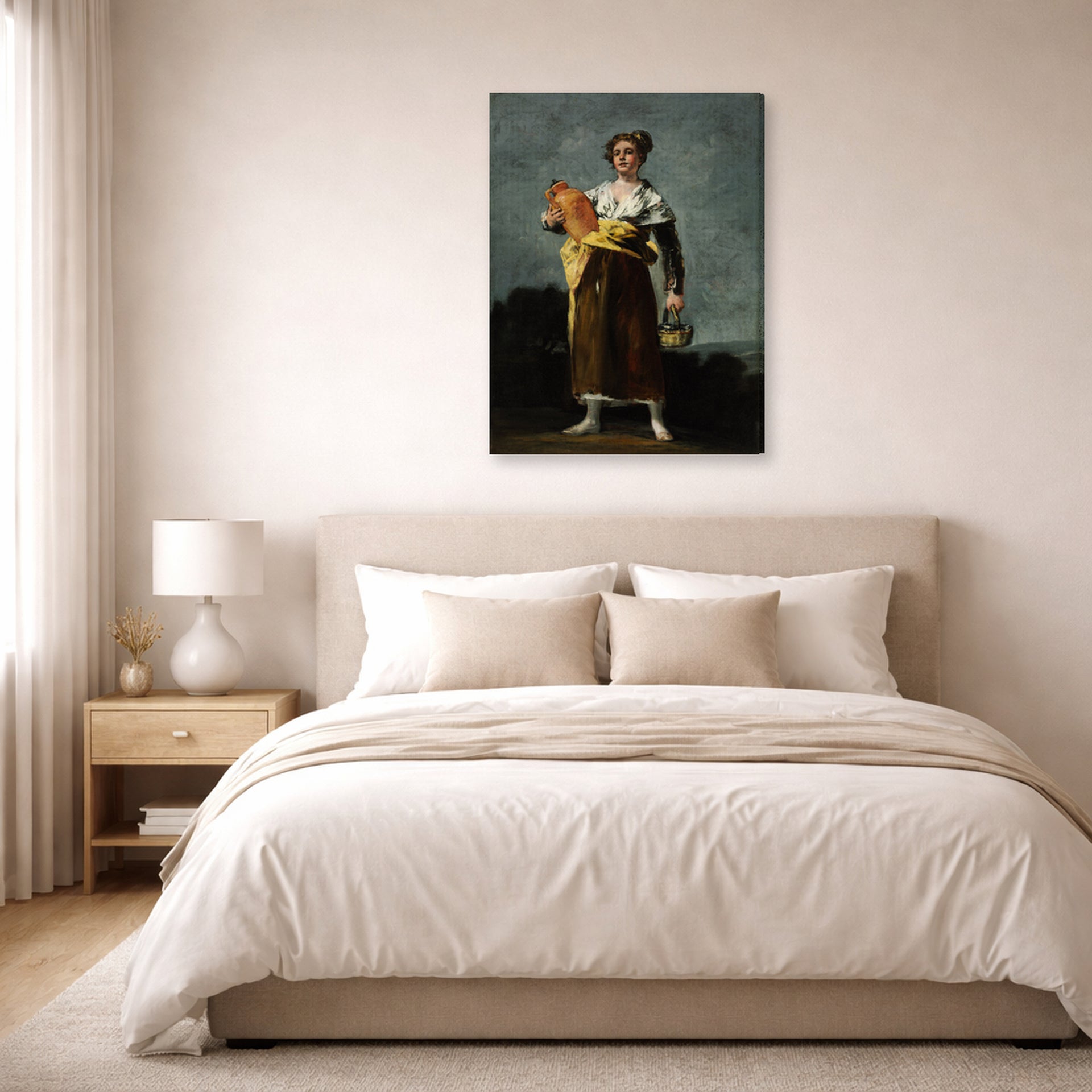 Gallery-wrapped canvas print of Francisco Goya's The Water Carrie displayed on a wall in a bedroom