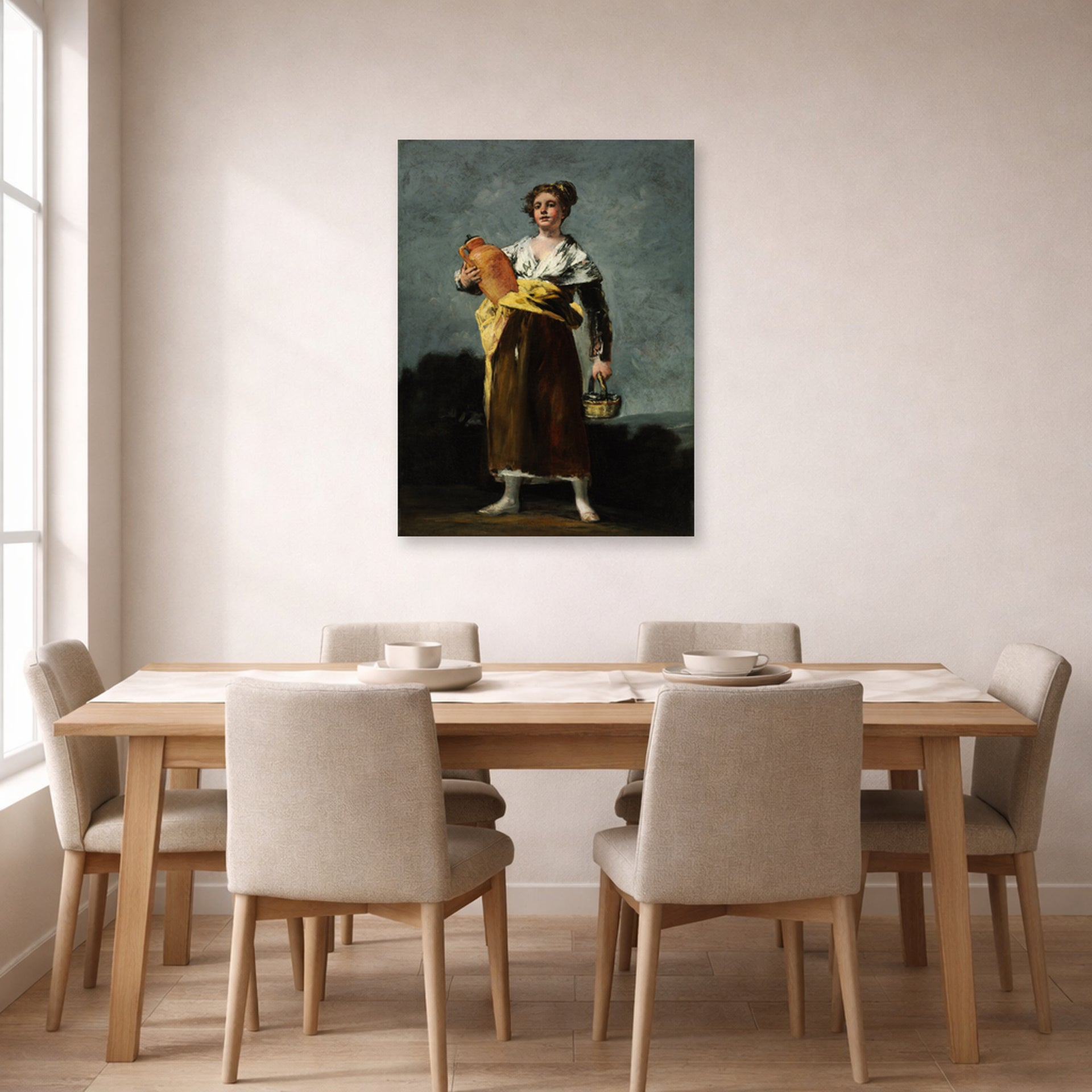 Unframed poster print of Francisco Goya's The Water Carrie displayed on a wall in a dining room