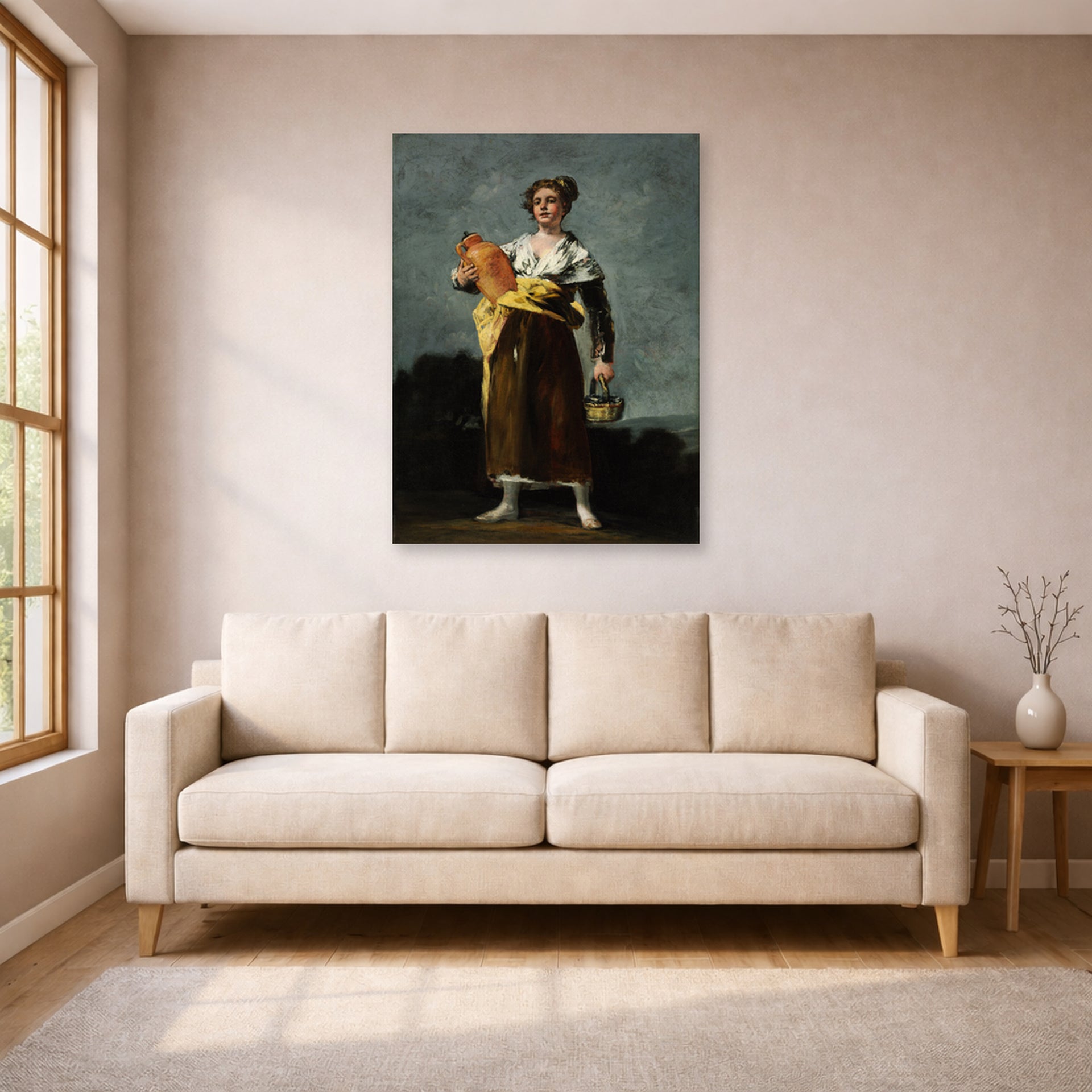 Unframed poster print of Francisco Goya's The Water Carrie displayed on a wall in a living room