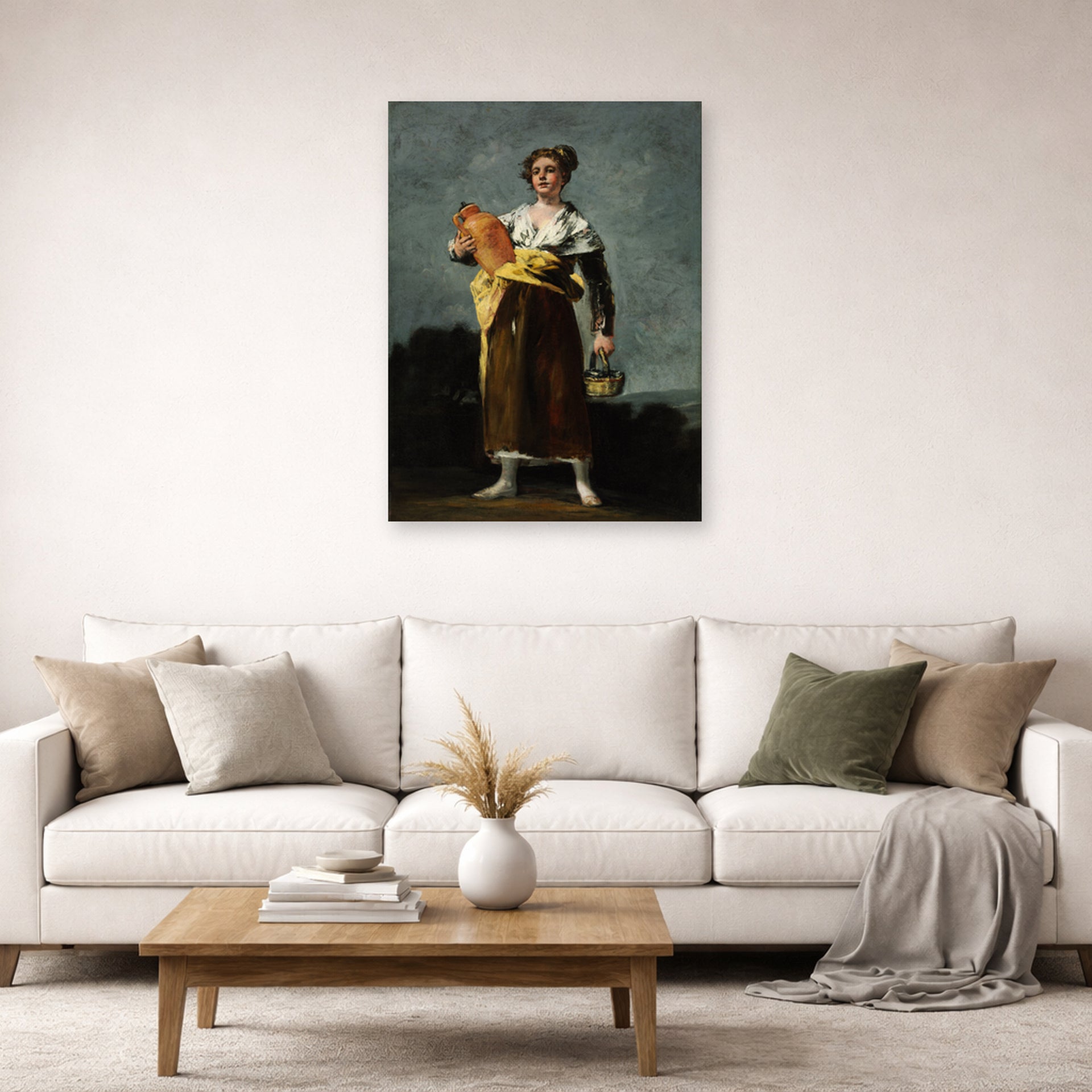 Unframed poster print of Francisco Goya's The Water Carrie displayed on a wall in a second living room setting