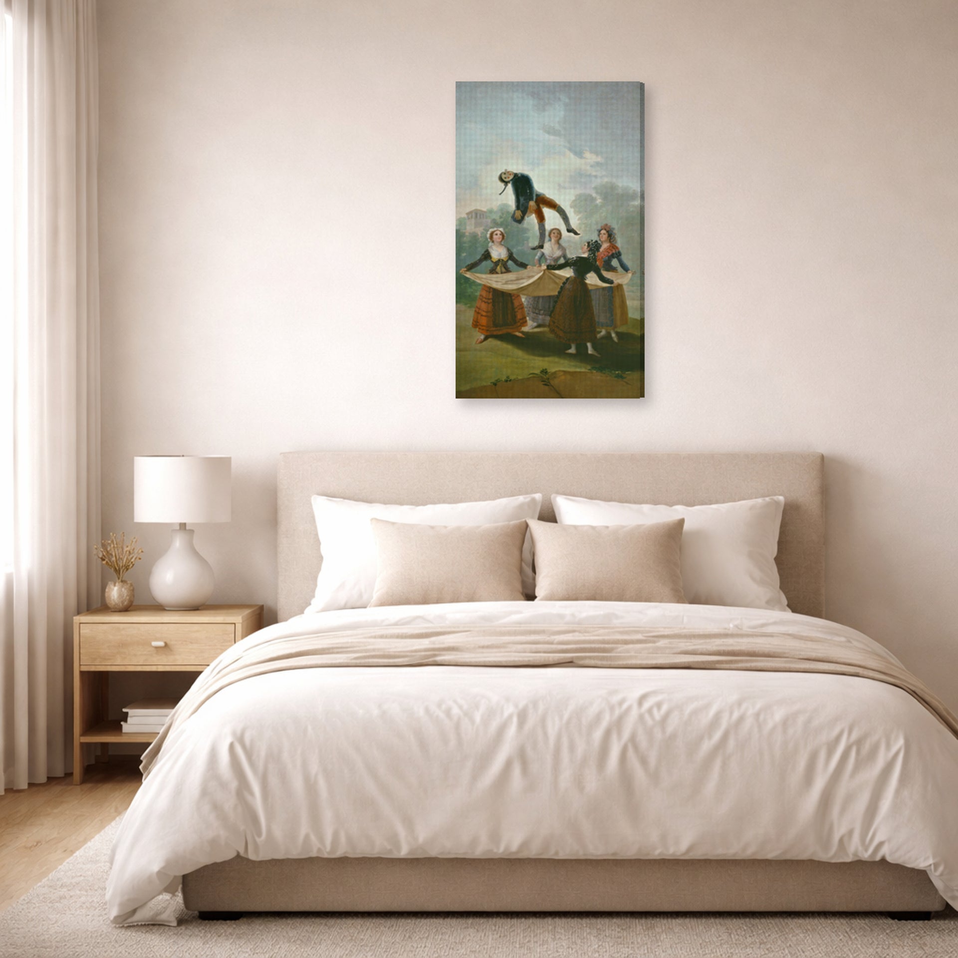 Gallery-wrapped canvas print of Francisco Goya's The Wimp displayed on a wall in a bedroom