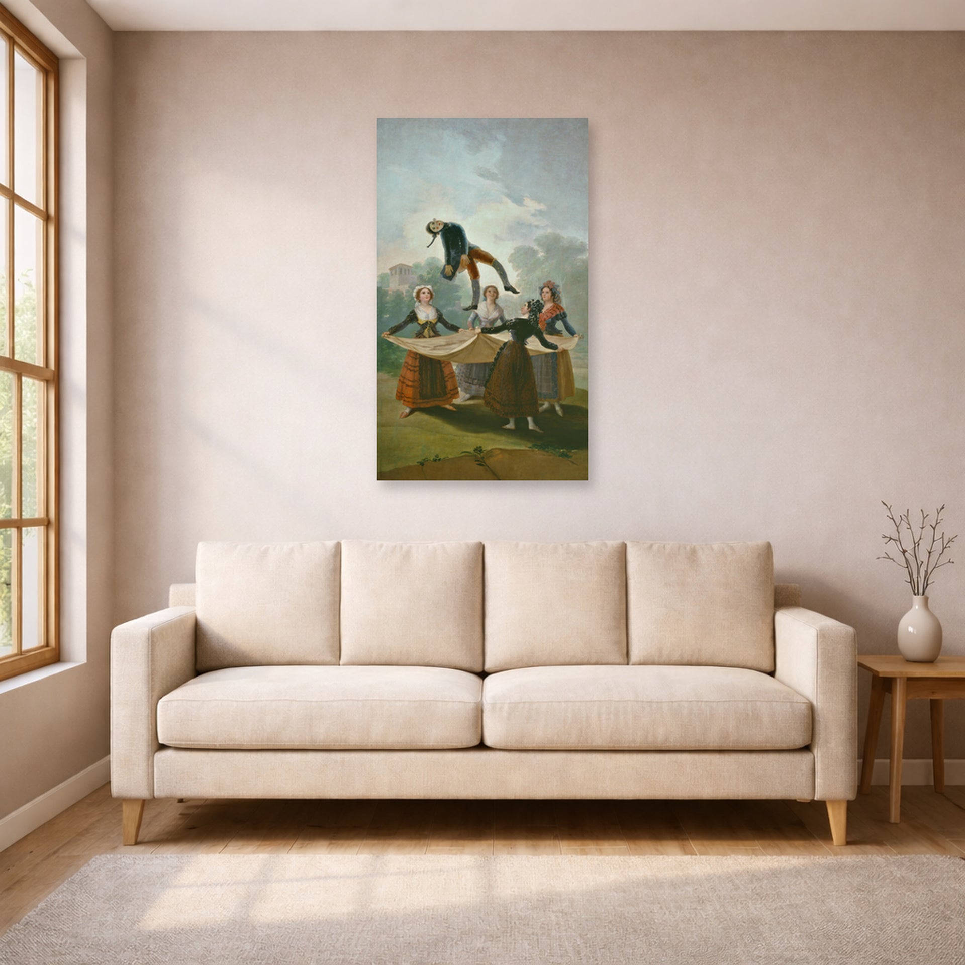 Unframed poster print of Francisco Goya's The Wimp displayed on a wall in a living room