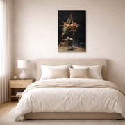 Gallery-wrapped canvas print of Francisco Goya's Witches Flight displayed on a wall in a bedroom