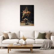 Unframed poster print of Francisco Goya's Witches Flight displayed on a wall in a second living room setting