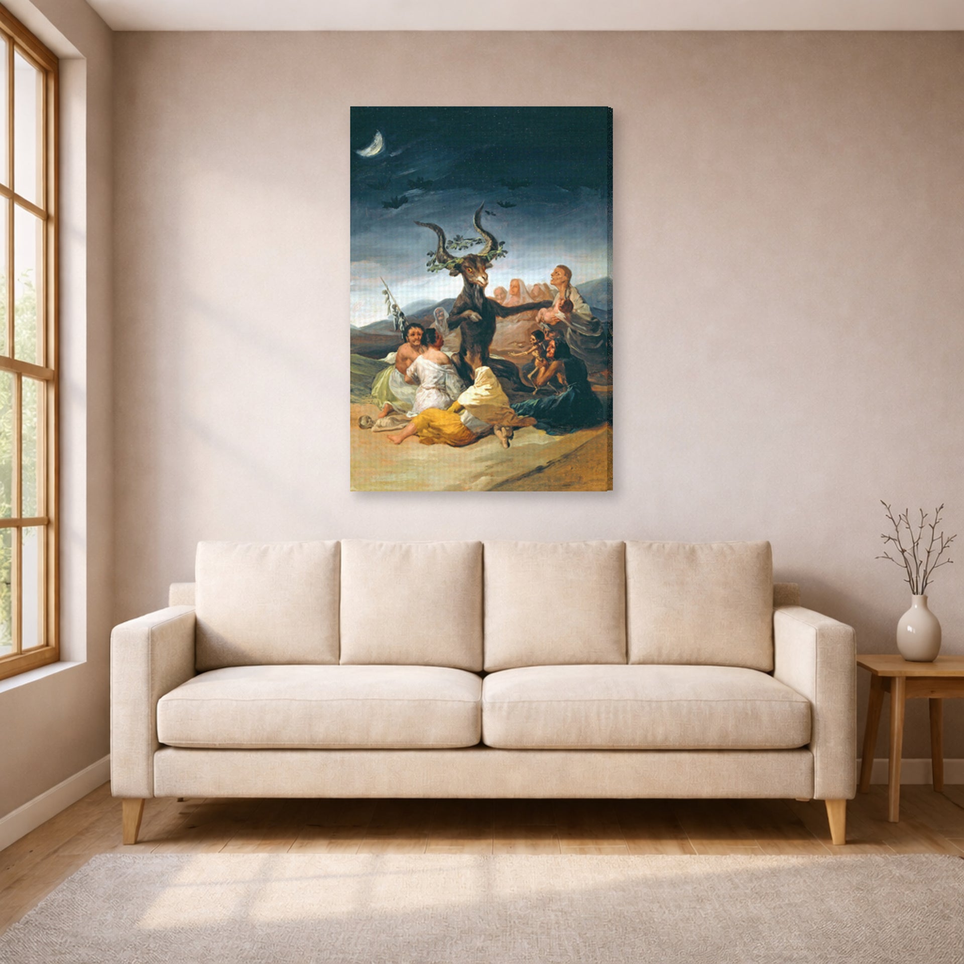 Gallery-wrapped canvas print of Francisco Goya's Witches Sabbath displayed on a wall in a living room