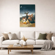 Gallery-wrapped canvas print of Francisco Goya's Witches Sabbath displayed on a wall in a second living room setting
