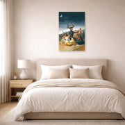 Unframed poster print of Francisco Goya's Witches Sabbath displayed on a wall in a bedroom