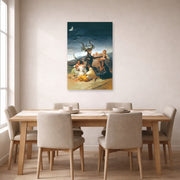 Unframed poster print of Francisco Goya's Witches Sabbath displayed on a wall in a dining room