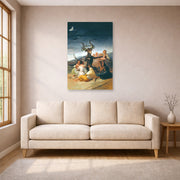 Unframed poster print of Francisco Goya's Witches Sabbath displayed on a wall in a living room