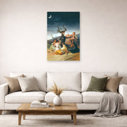 Unframed poster print of Francisco Goya's Witches Sabbath displayed on a wall in a second living room setting