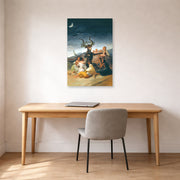 Unframed poster print of Francisco Goya's Witches Sabbath displayed on a wall in a office