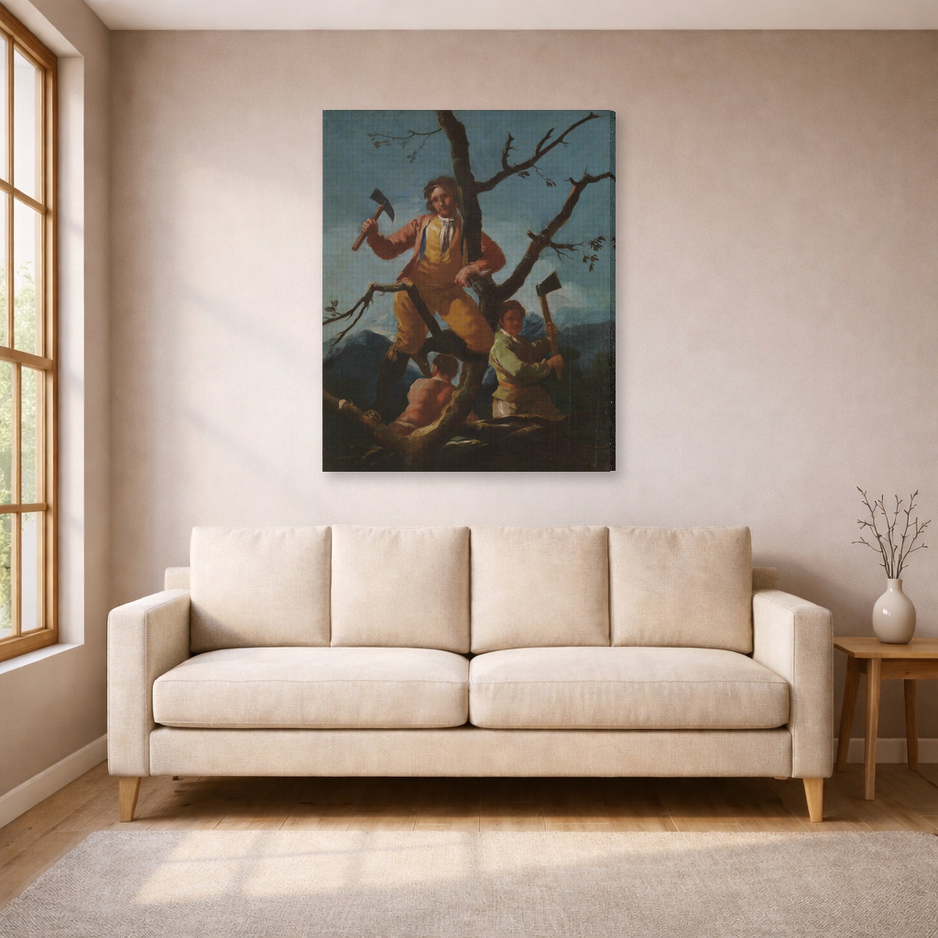 Gallery-wrapped canvas print of Francisco Goya's Woodcutters displayed on a wall in a living room