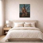 Unframed poster print of Francisco Goya's Woodcutters displayed on a wall in a bedroom