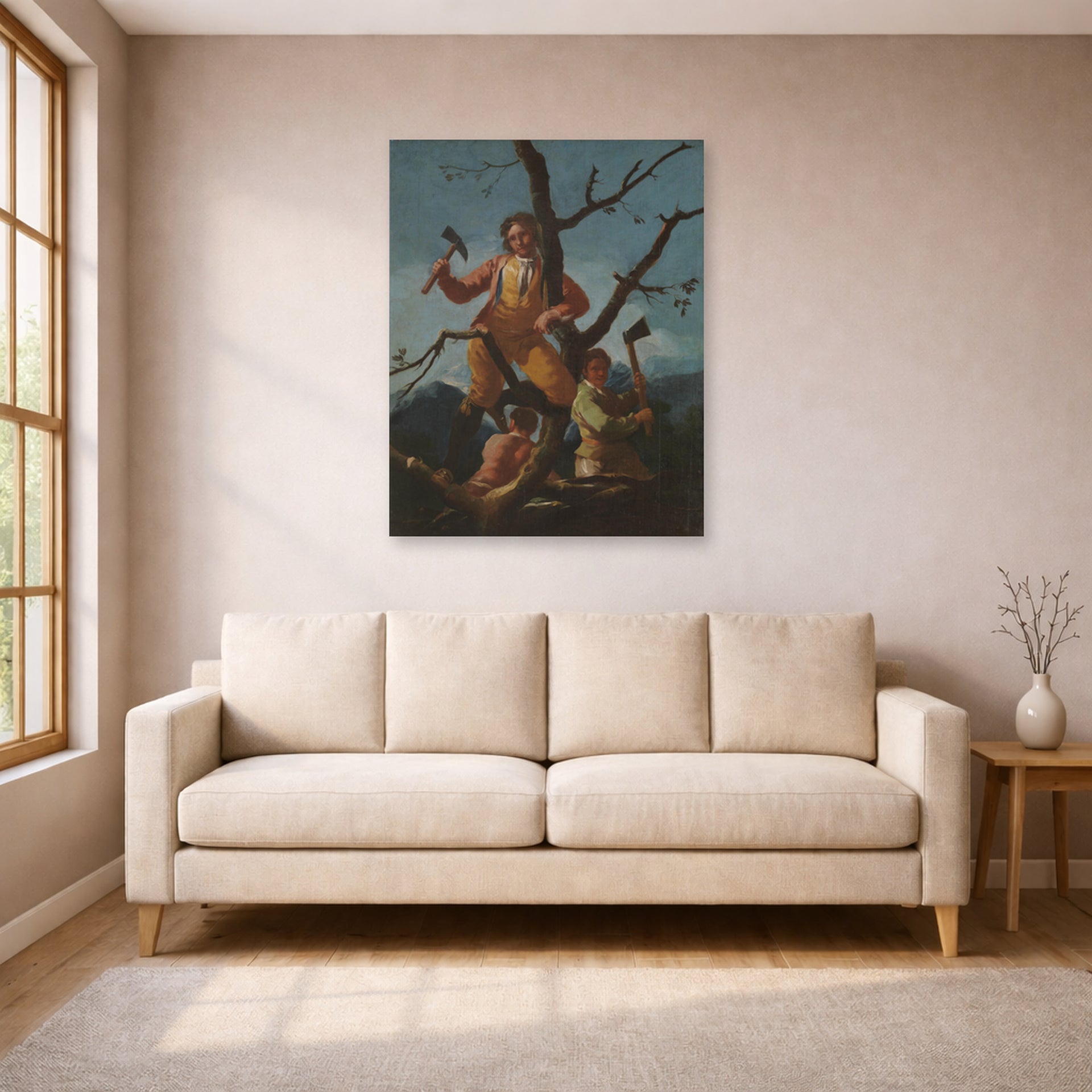 Unframed poster print of Francisco Goya's Woodcutters displayed on a wall in a living room