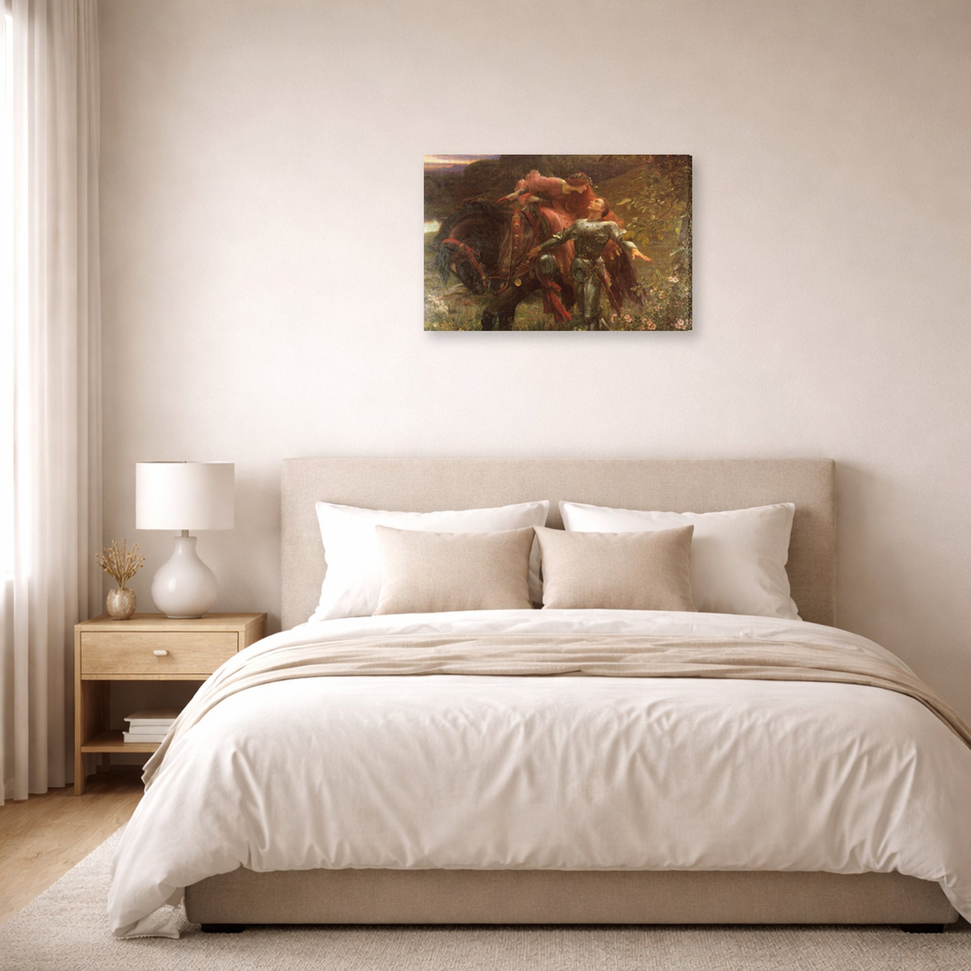 Gallery-wrapped canvas print of Frank Dicksee's La Belle Dame sans Merci displayed on a wall in a bedroom