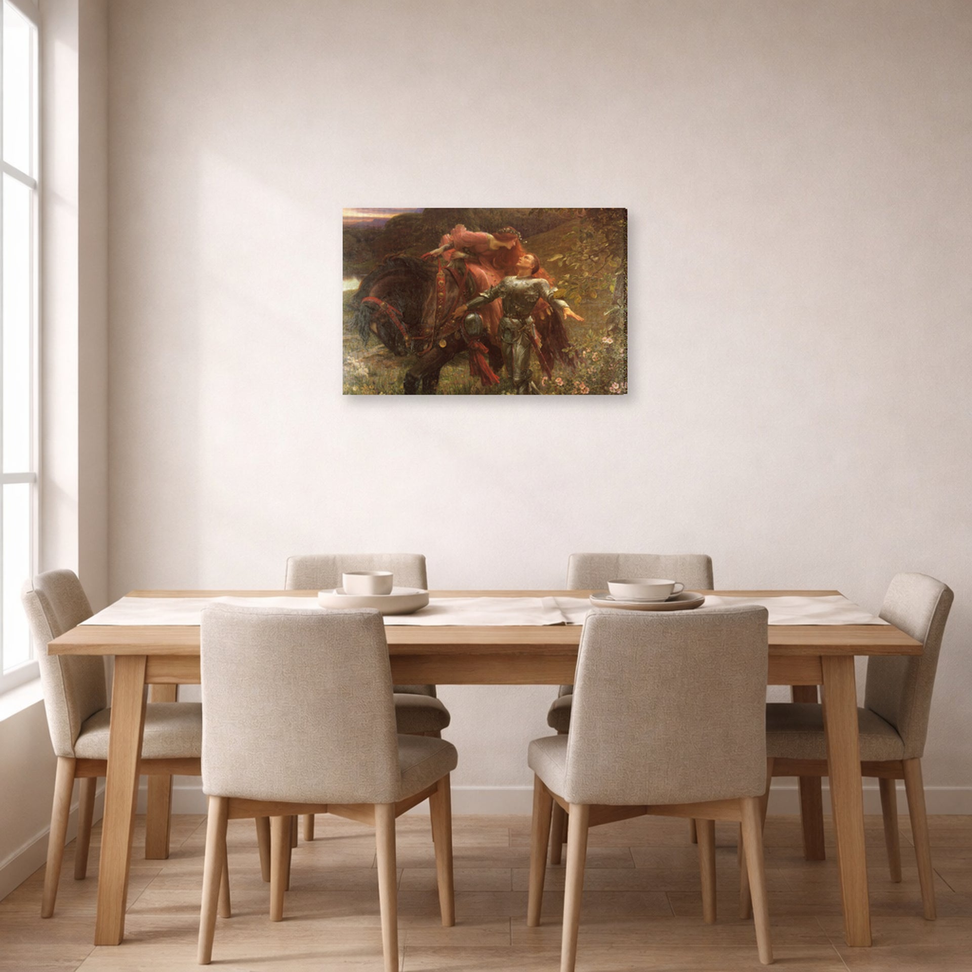 Gallery-wrapped canvas print of Frank Dicksee's La Belle Dame sans Merci displayed on a wall in a dining room