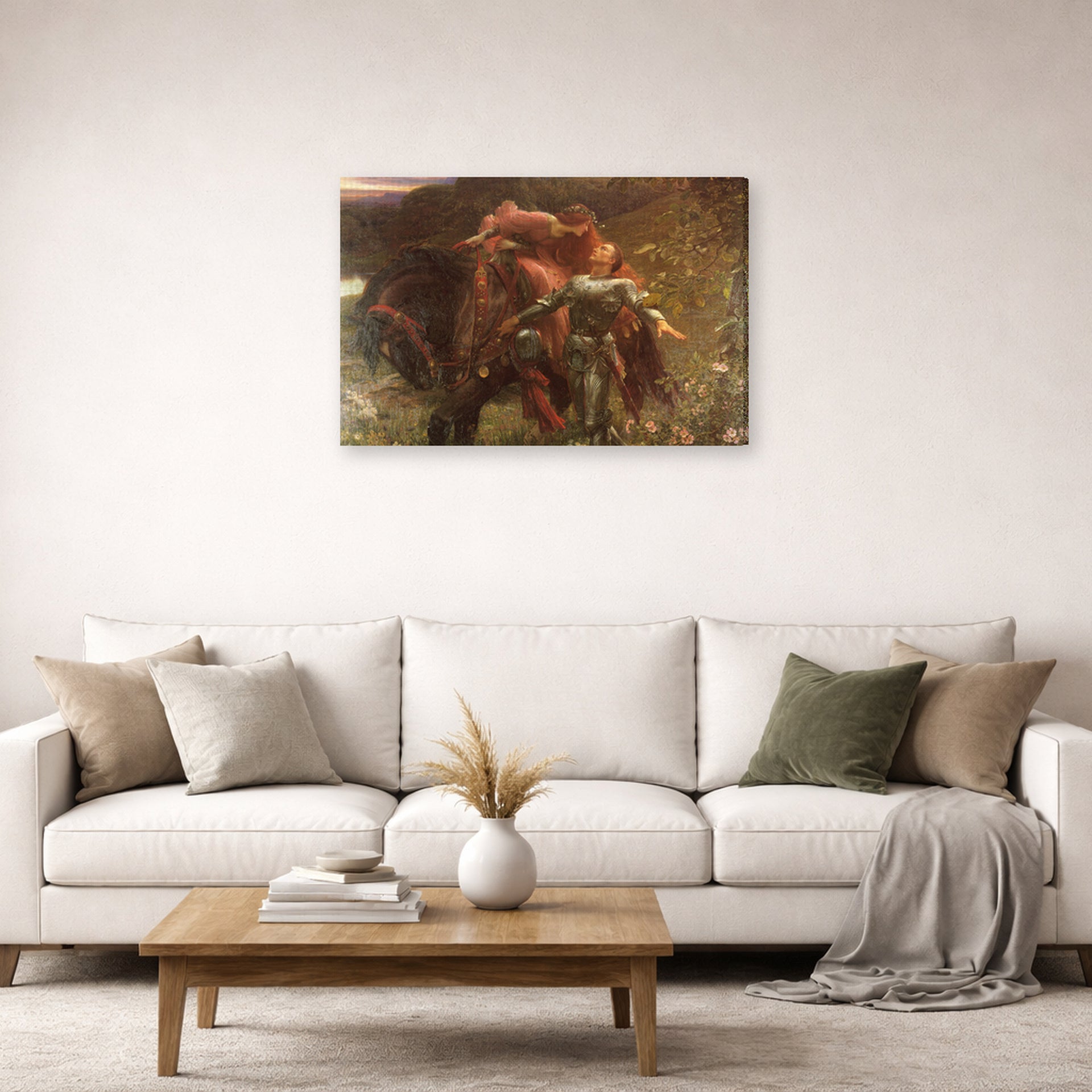 Gallery-wrapped canvas print of Frank Dicksee's La Belle Dame sans Merci displayed on a wall in a living room