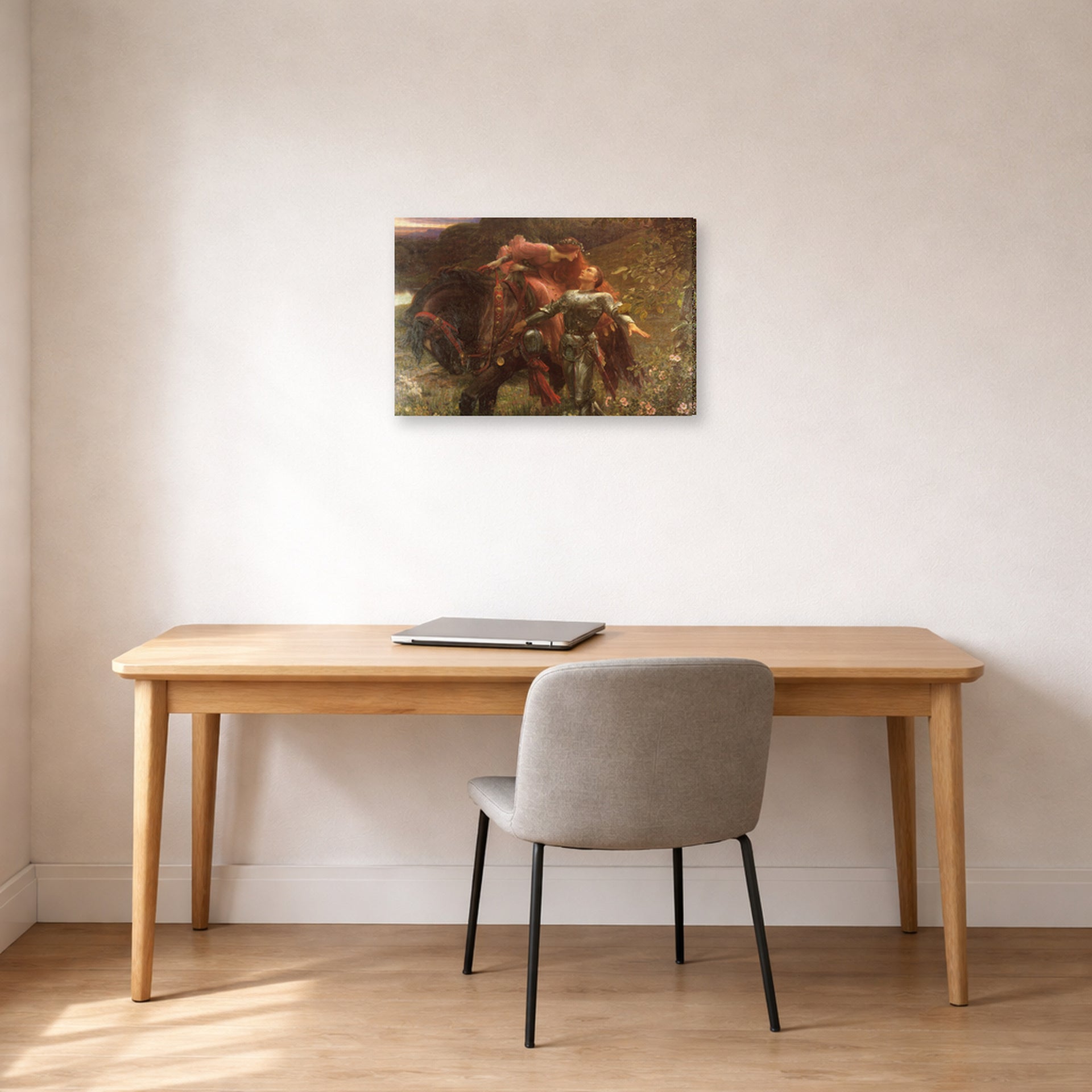 Gallery-wrapped canvas print of Frank Dicksee's La Belle Dame sans Merci displayed on a wall in an office