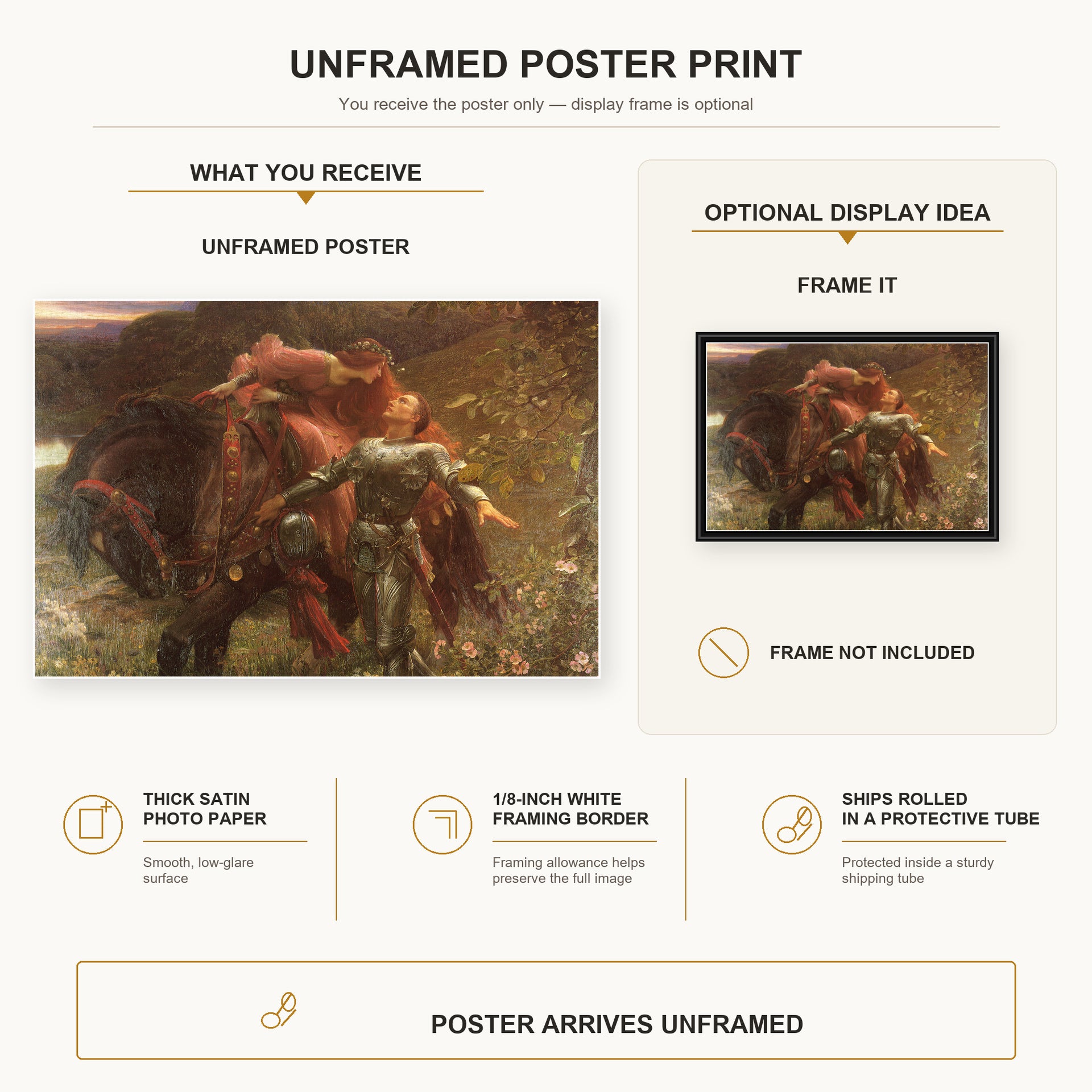 Frank Dicksee - La Belle Dame sans Merci poster print size comparison and framing display infographic