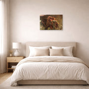 Unframed poster print of Frank Dicksee's La Belle Dame sans Merci displayed on a wall in a bedroom