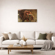 Unframed poster print of Frank Dicksee's La Belle Dame sans Merci displayed on a wall in a living room