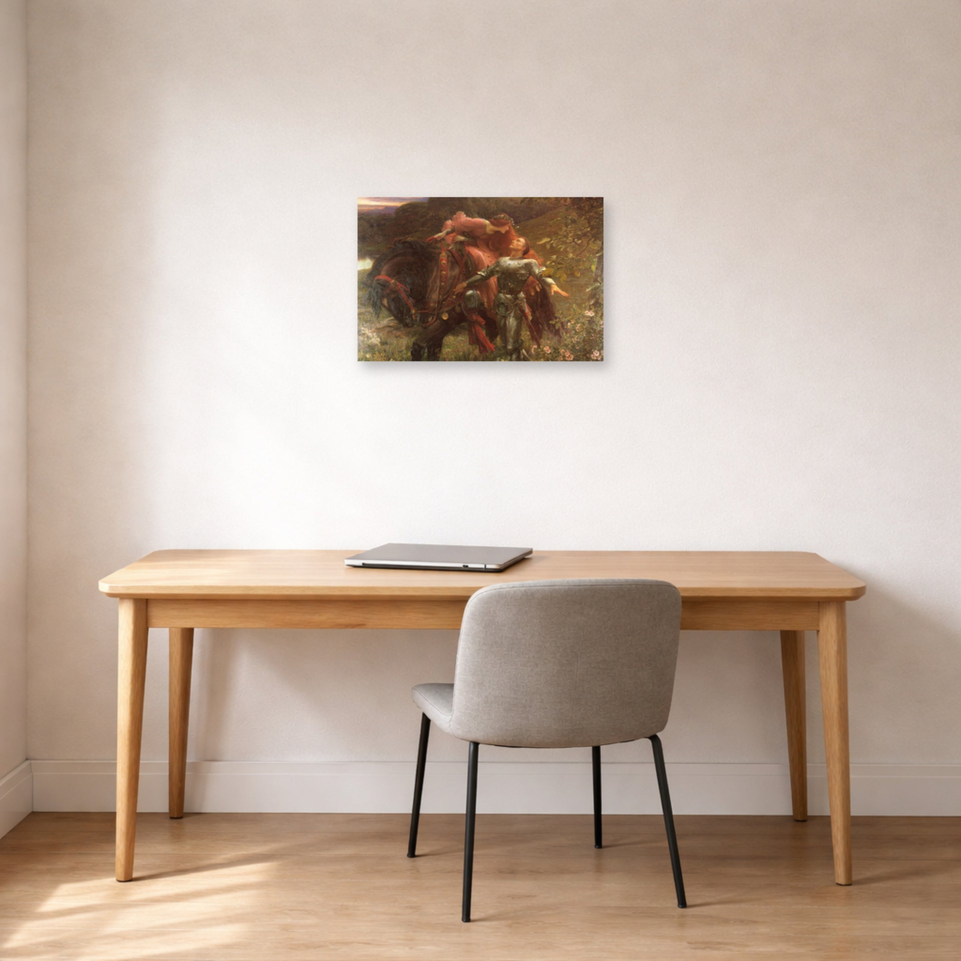 Unframed poster print of Frank Dicksee's La Belle Dame sans Merci displayed on a wall in an office