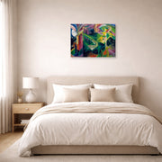 Gallery-wrapped canvas print of Franz Marc's Deer in a Monastery Garden displayed on a wall in a bedroom