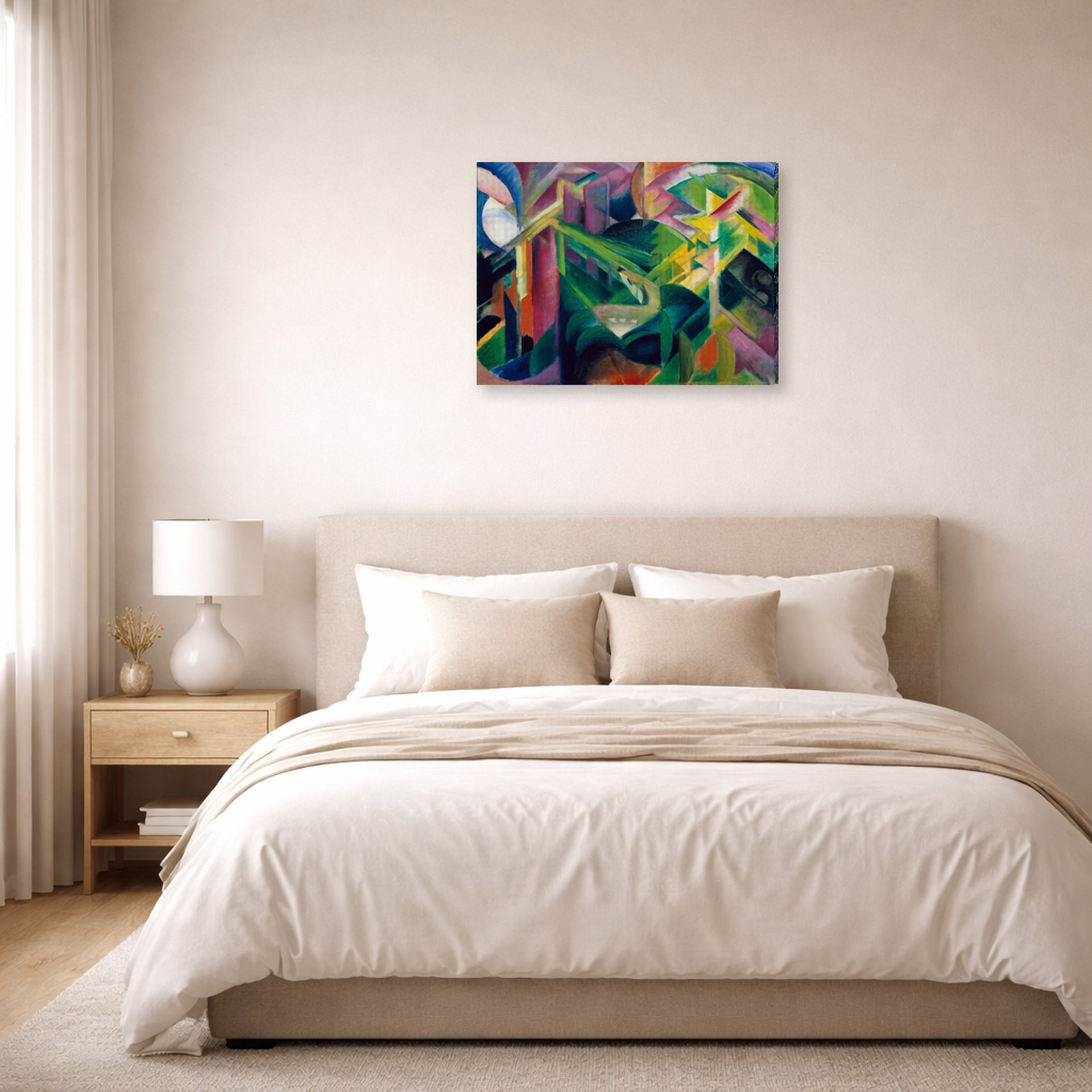 Gallery-wrapped canvas print of Franz Marc's Deer in a Monastery Garden displayed on a wall in a bedroom