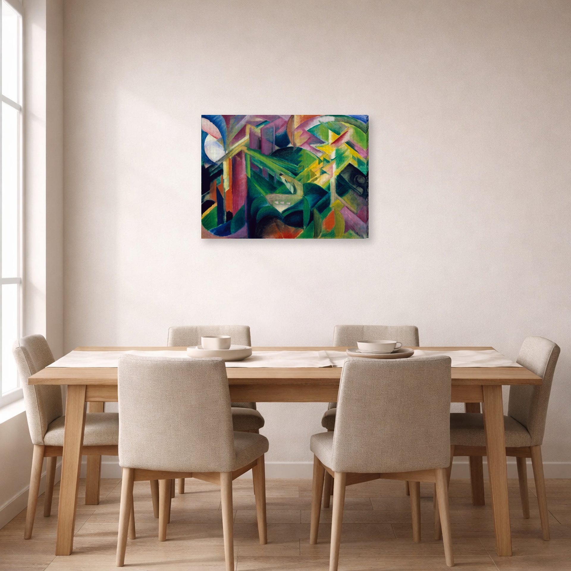 Gallery-wrapped canvas print of Franz Marc's Deer in a Monastery Garden displayed on a wall in a dining room