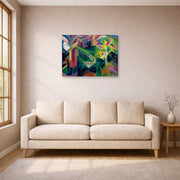 Gallery-wrapped canvas print of Franz Marc's Deer in a Monastery Garden displayed on a wall in a living room