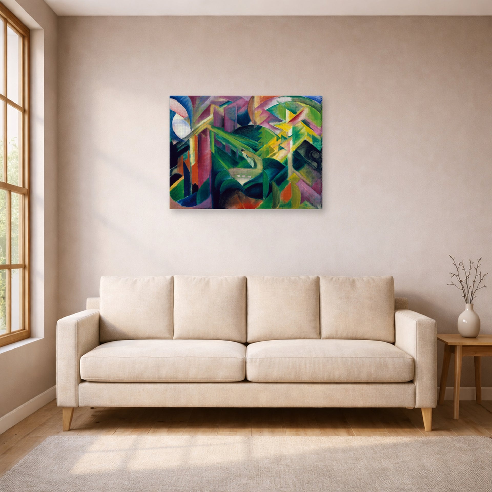 Gallery-wrapped canvas print of Franz Marc's Deer in a Monastery Garden displayed on a wall in a living room