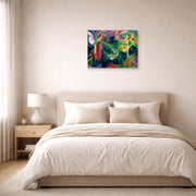 Unframed poster print of Franz Marc's Deer in a Monastery Garden displayed on a wall in a bedroom