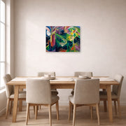 Unframed poster print of Franz Marc's Deer in a Monastery Garden displayed on a wall in a dining room