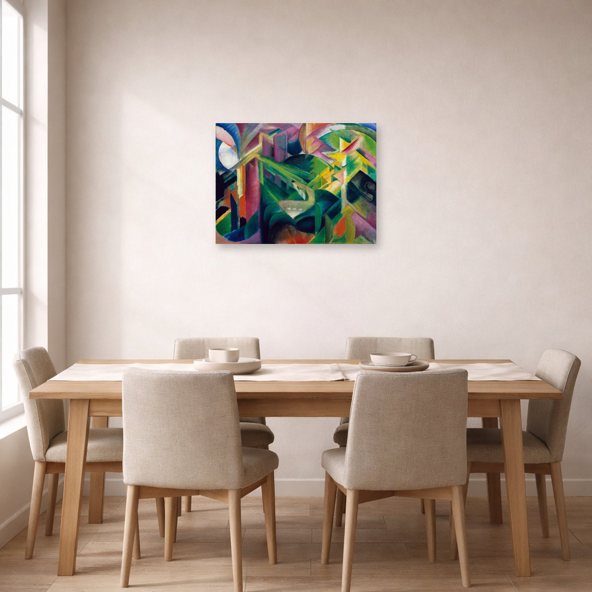 Unframed poster print of Franz Marc's Deer in a Monastery Garden displayed on a wall in a dining room