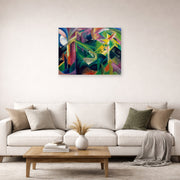 Unframed poster print of Franz Marc's Deer in a Monastery Garden displayed on a wall in a living room